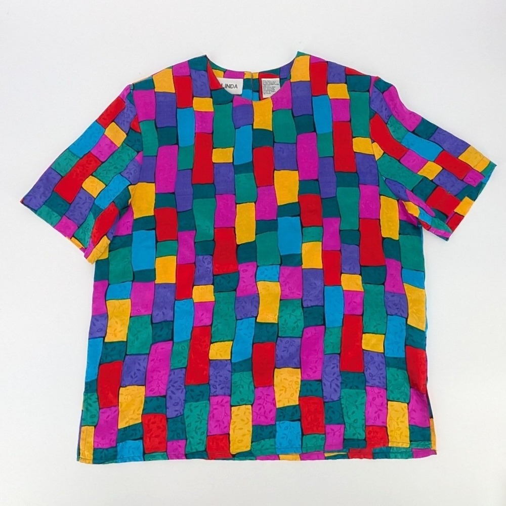 Vintage Galinda Silk Blouse Multicolor Patchwork Floral Jacquard Top Size M
